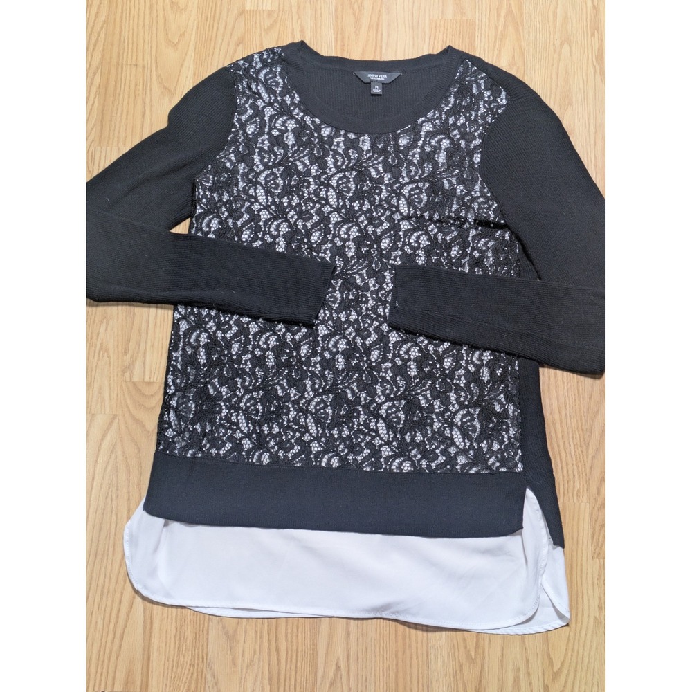 Simply Vera Vera Wang Womens Lace Overlay Mixed Media Layered Look Top Black M